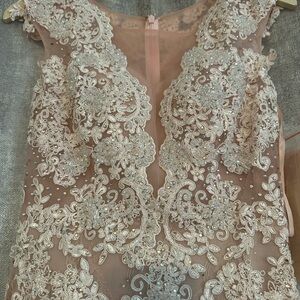 Camille La Vie Cream and White Embellished Plunge Gown